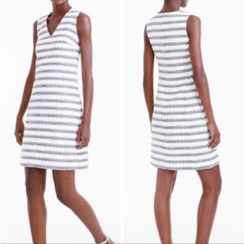 J Crew Navy Cream Striped Cotton Tweed Sheath Dress Size 4